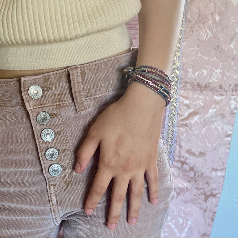 Handmade Glass Beads Silver and Leather Wrap Bracelet